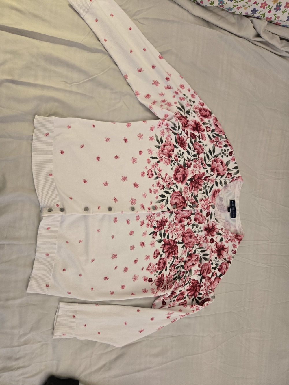 Karen Scott White Cardigan with Pink Floral Border-Size X Large - Picture 7 of 11
